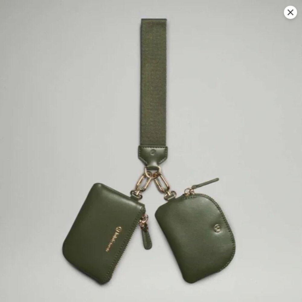 NWOT lululemon Dual Pouch Wristlet *Cactus "Leather"; Barracks Green/Gold